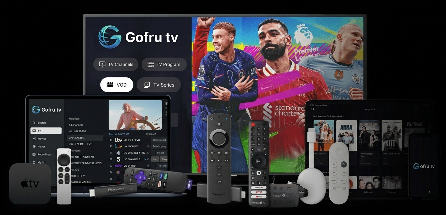 GoFru TV works on all devices — Smart TV, Apple TV, Roku, Fire Stick, tablet, phone